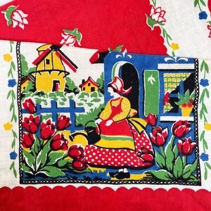 Vintage Startex Kitchen Towel Linen Cotton Dutch Scene Tulips Windmill Red MCM